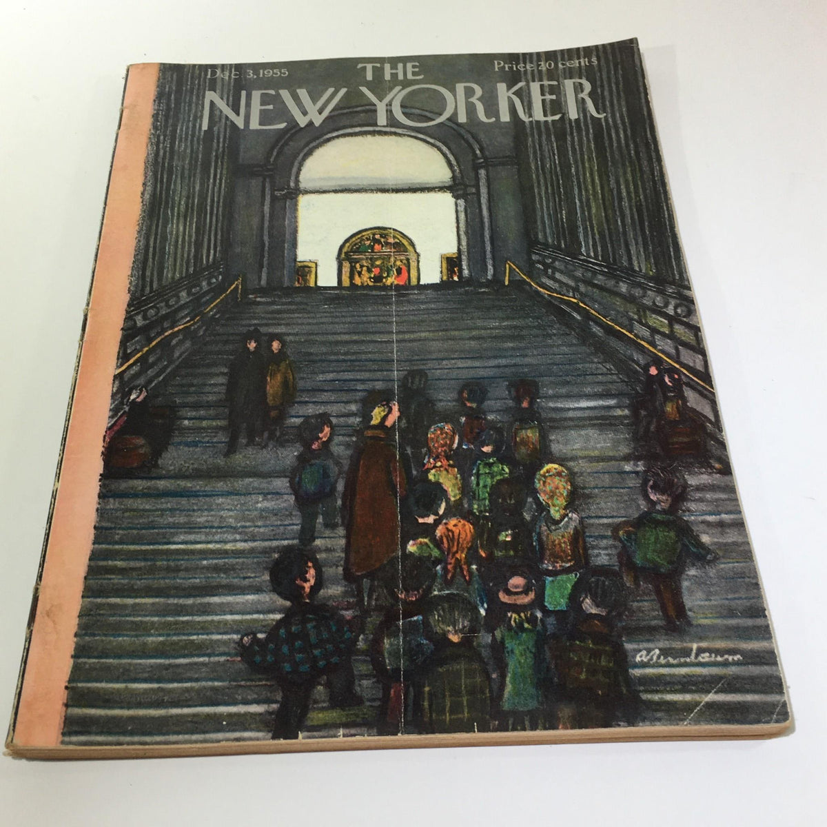 Cover of The New Yorker Magazine from December 3, 1955, featuring a full theme illustration by Abe Birnbaum, depicting a crowd ascending the staircase of a grand building, symbolizing mid-20th century culture.