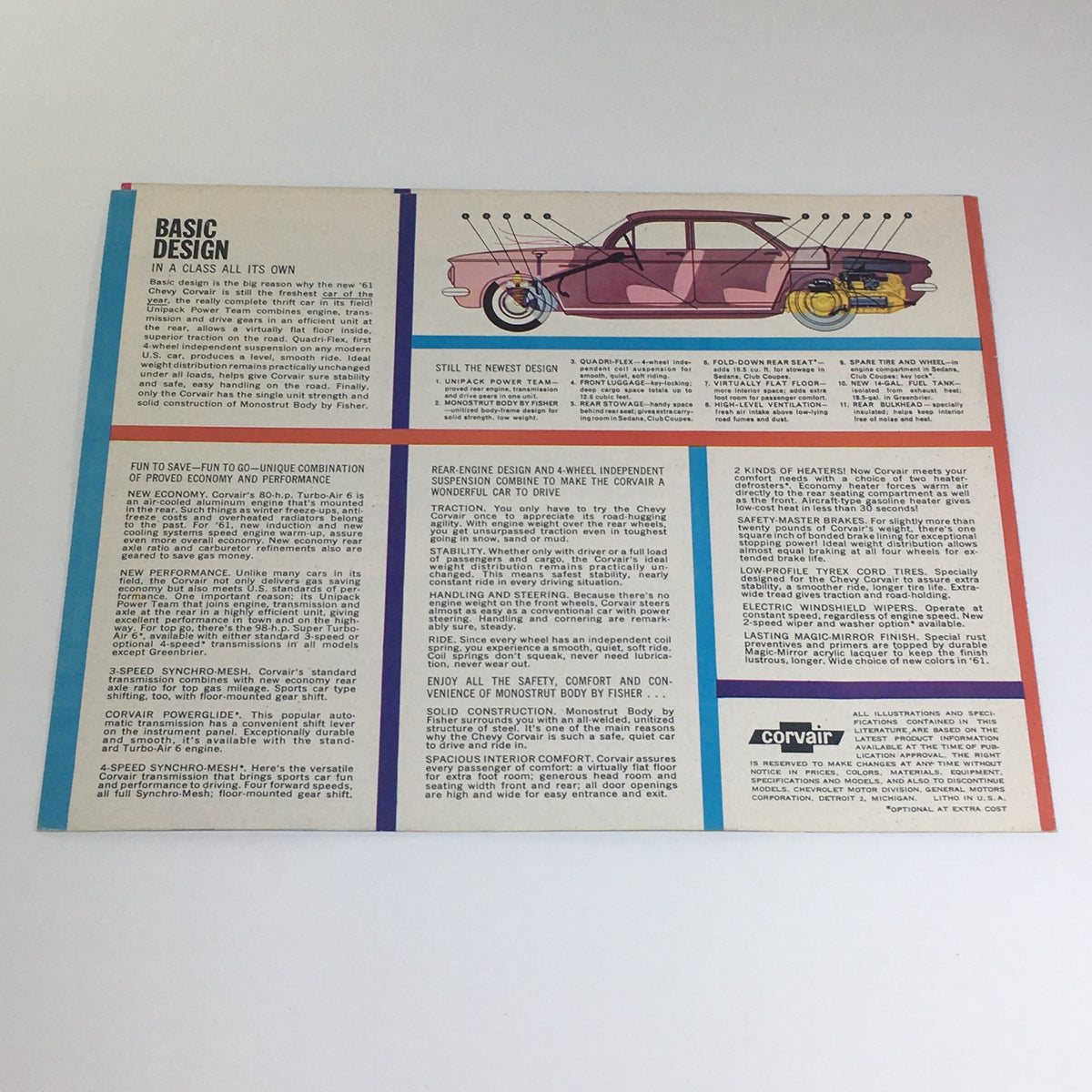 Chevy Corvair for '61 New Models-More Models-New Wagons 4-Wheel Car Catalog detailing basic design features with illustrations, showcasing the car's engineering.