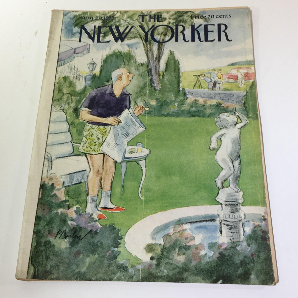 The New Yorker August 20 1955 Full Magazine cover featuring a whimsical illustration by Perry Barlow, depicting a man reading a newspaper in a garden setting.