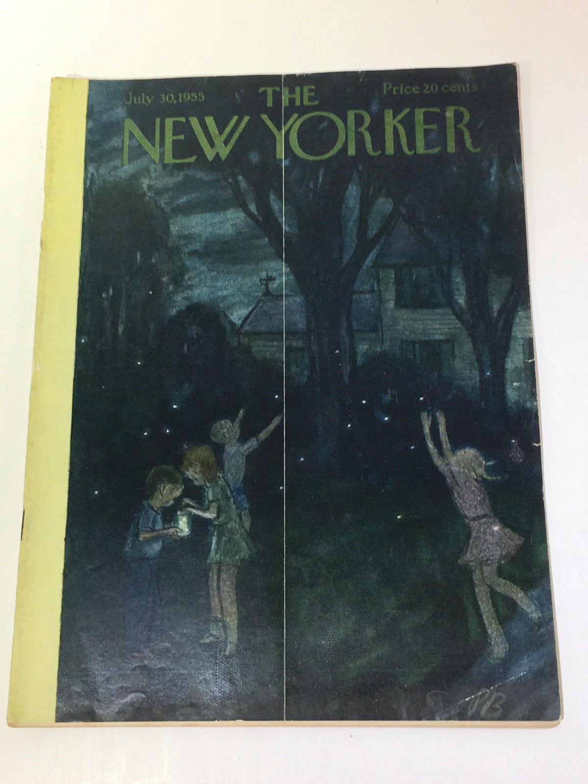 Cover of The New Yorker July 30, 1955 featuring a theme illustration by Perry Barlow, depicting children outdoors with a lantern under a dark sky.