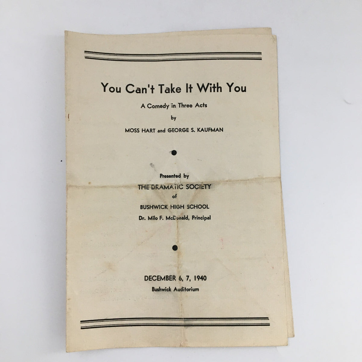 1940 Bushwick Auditorium 'You Can't Take It With You' program cover featuring Moss Hart and George Kaufman, presented by Bushwick High School on December 6 and 7, 1940.