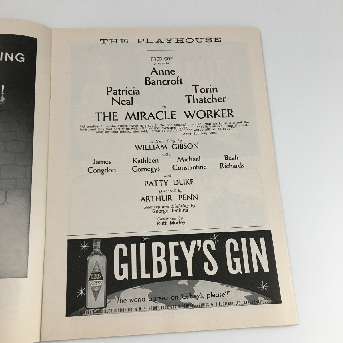 Inside page of the 1959 Playbill from The Playhouse for 'The Miracle Worker,' showcasing cast details including Anne Bancroft and Patricia Neal.