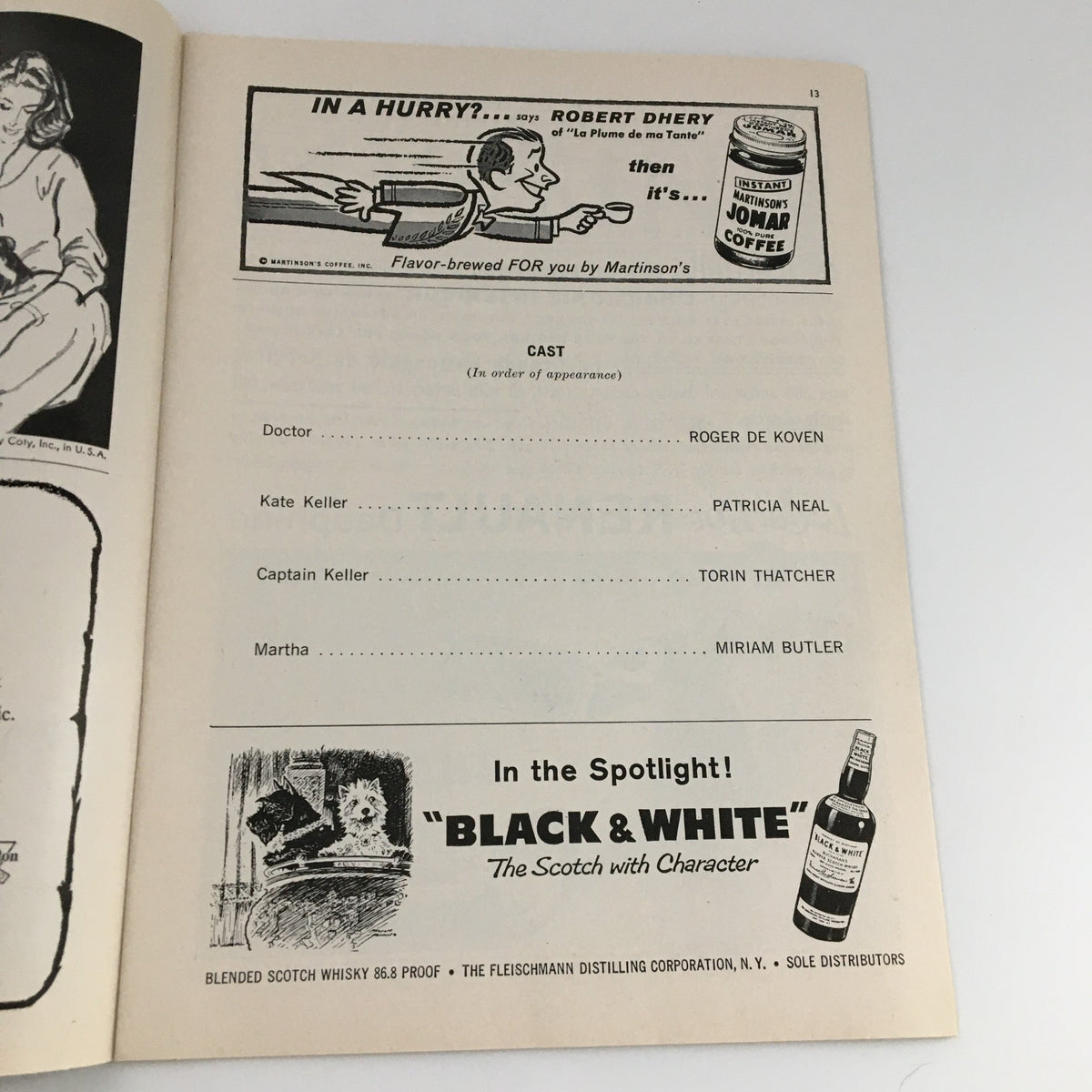 Another internal page of the 1959 Playbill from The Playhouse for 'The Miracle Worker,' featuring cast listings and vintage advertisements.