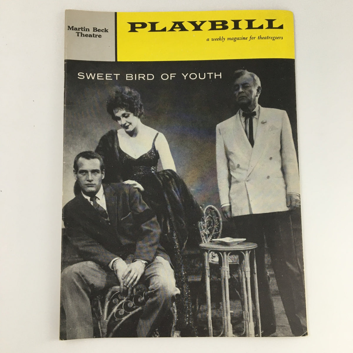 1959 Playbill for 'Sweet Bird of Youth' at Martin Beck Theatre featuring performances by Paul Newman and Geraldine Page, showcasing iconic theatrical design.