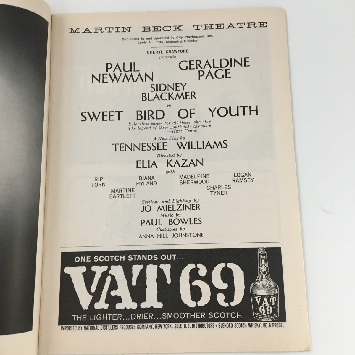 Inside page of the 1959 Playbill for 'Sweet Bird of Youth' highlighting the cast including Paul Newman and Geraldine Page, directed by Elia Kazan.