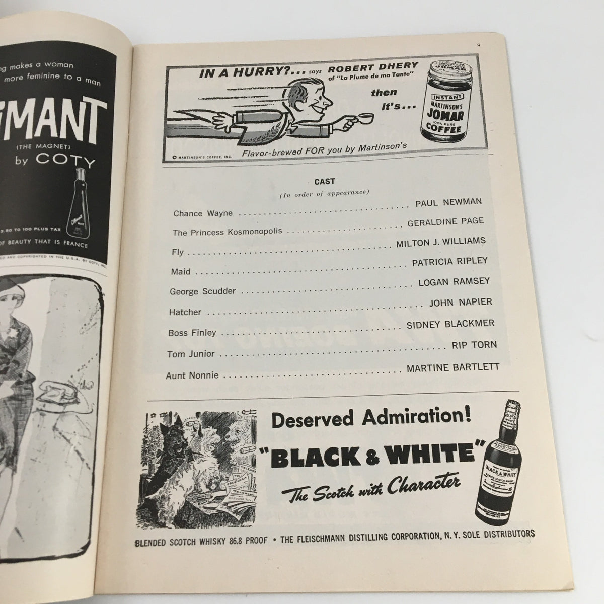Another page from the 1959 Playbill for 'Sweet Bird of Youth' listing the cast and advertisements, enhancing the vintage theater experience.