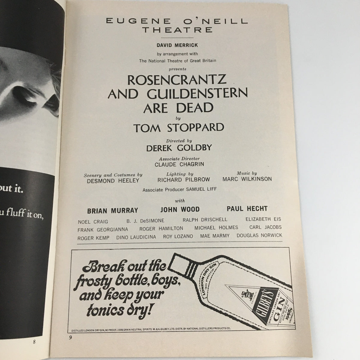 Inside page of the 1967 Playbill for 'Rosencrantz and Guildenstern Are Dead', detailing the cast, crew, and creative team behind the production.