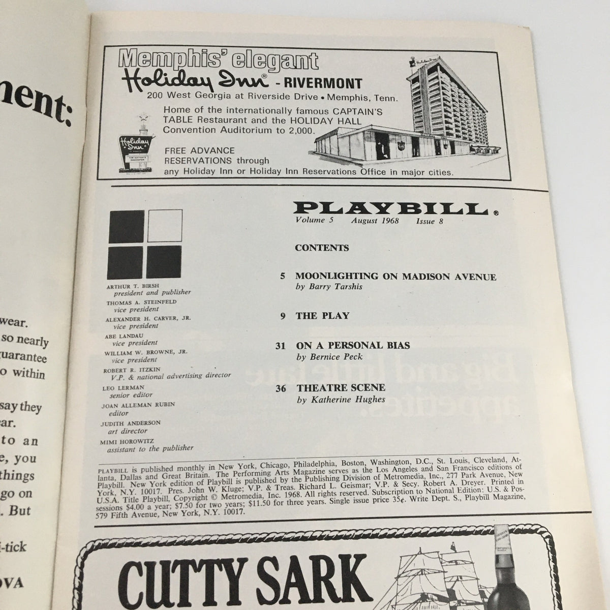 Another inside page of the 1967 Playbill for 'Rosencrantz and Guildenstern Are Dead', featuring an advertisement and additional contents related to theater.