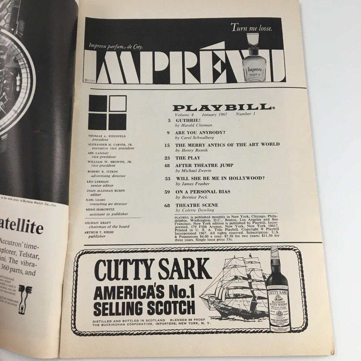 Interior page of the 1967 Playbill for 'Barefoot in the Park', showcasing the table of contents from the publication, highlighting various theatrical features.