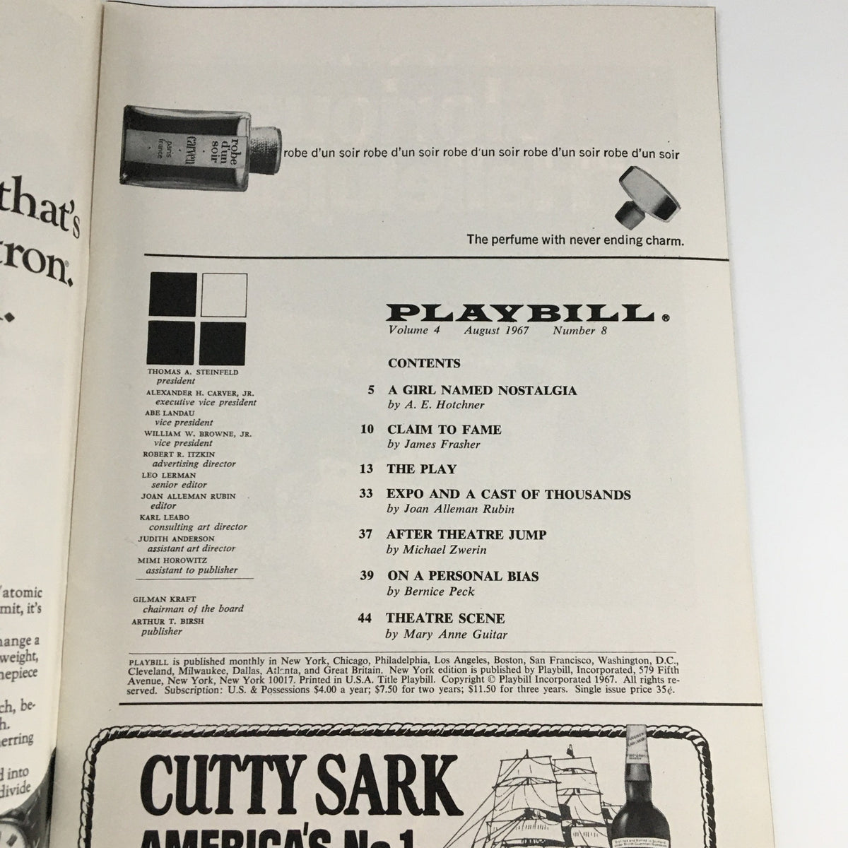1967 Playbill The Palace Theatre back cover content, highlighting articles and features of the August edition, related to theatrical performances.