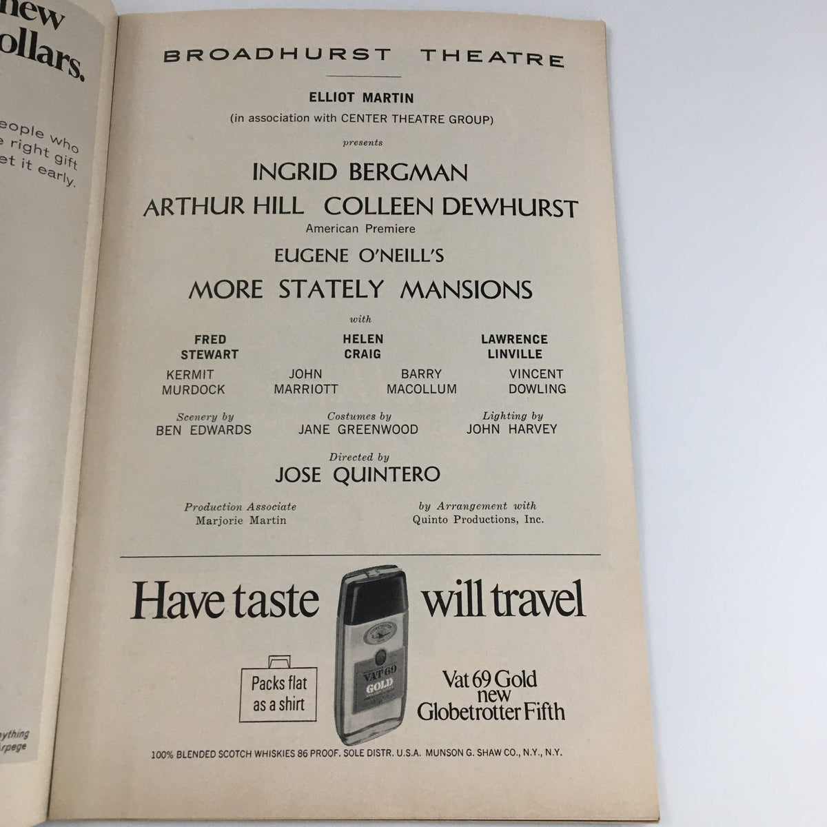 Interior page of the 1967 Playbill for 'More Stately Mansions' at The Broadhurst Theatre, featuring cast details including Fred Stewart and Ingrid Bergman.