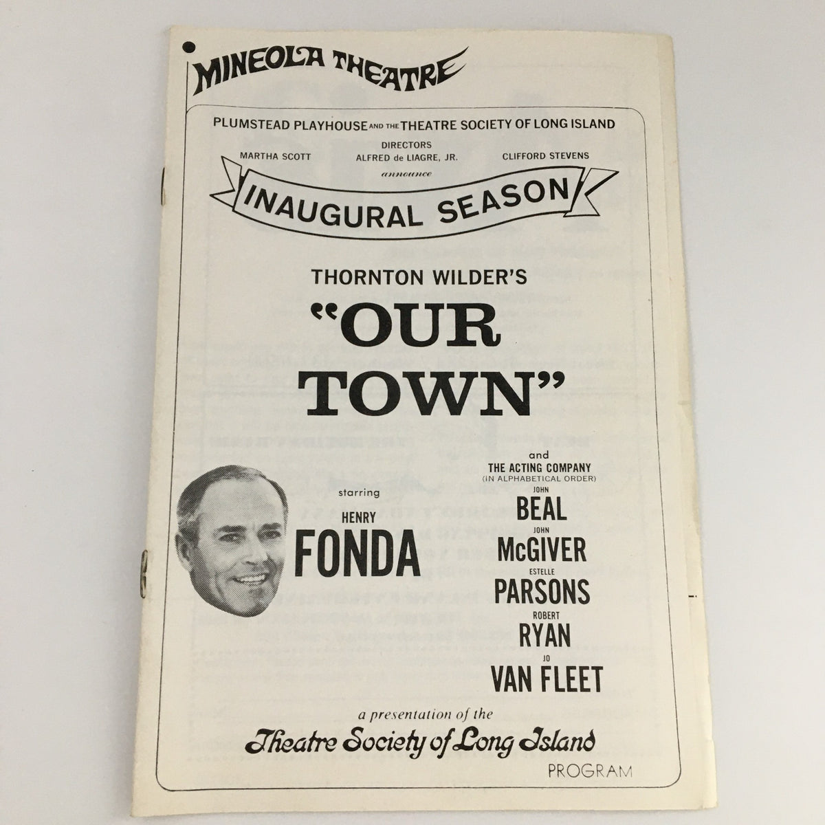 1968 Mineola Theatre Inaugural Season program cover for 'Our Town' starring Henry Fonda, showcasing vintage theatrical design.