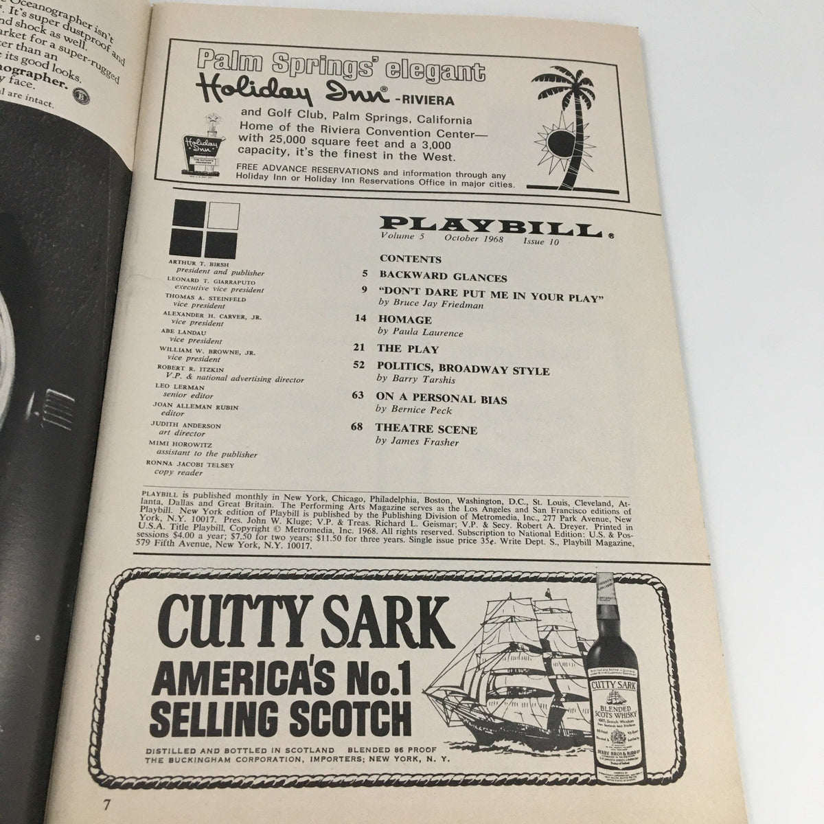 Interior page of the 1968 Playbill for 'Plaza Suite' displaying the table of contents along with advertisements, capturing the essence of vintage Broadway memorabilia.