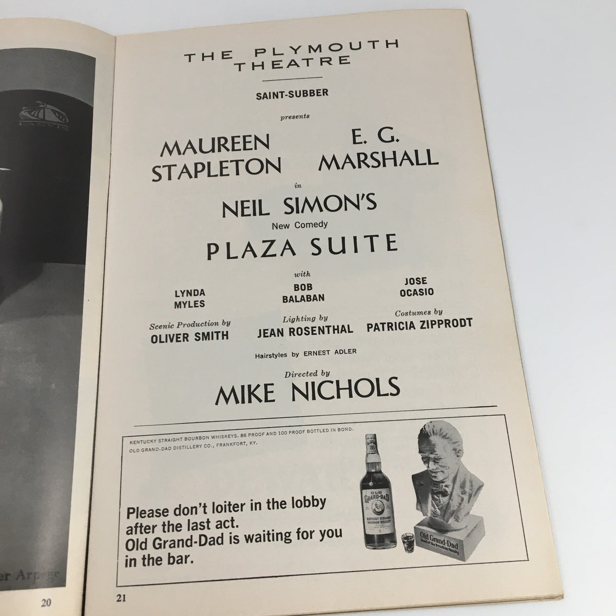 Another interior page of the 1968 Playbill for 'Plaza Suite' showcasing the cast and production details including Maureen Stapleton, E.G. Marshall, and director Mike Nichols.