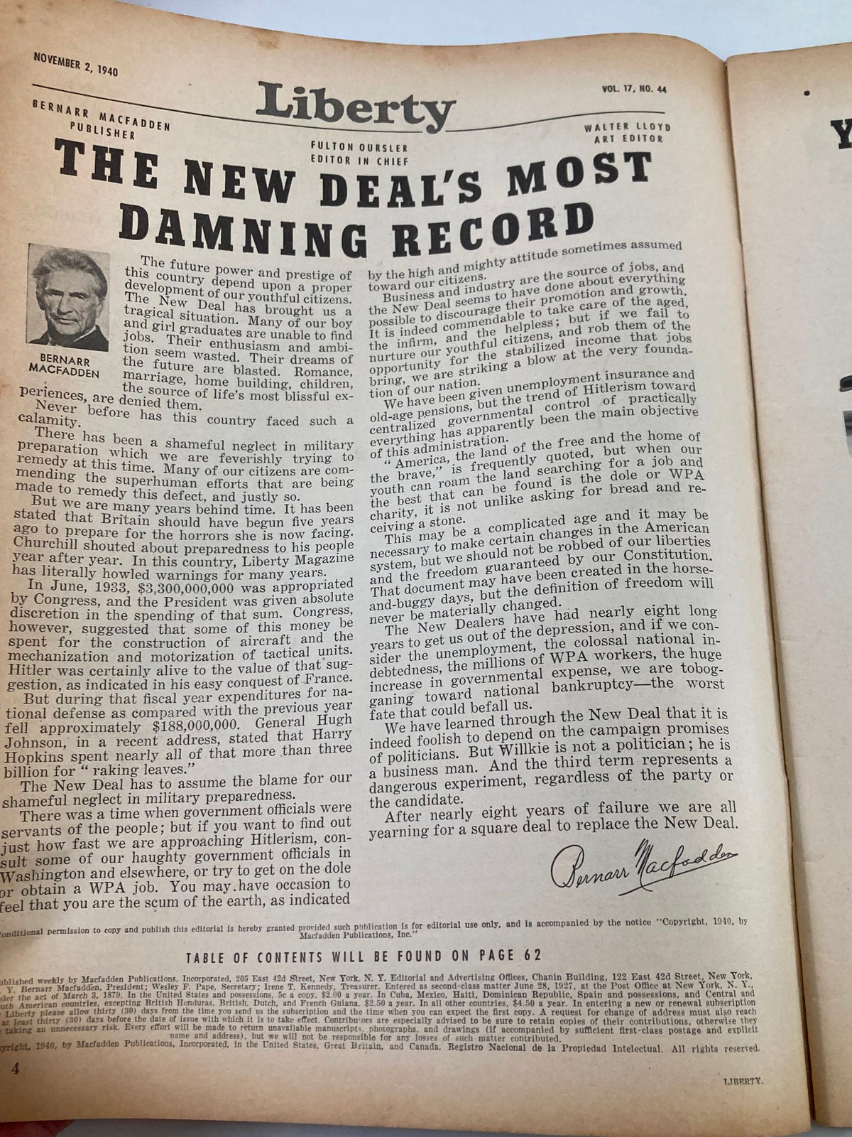Inside page of VTG Liberty Magazine November 2, 1940, featuring the article titled "The New Deal's Most Damning Record" by Bernard Macfadden, showcasing the publication's historical relevance.