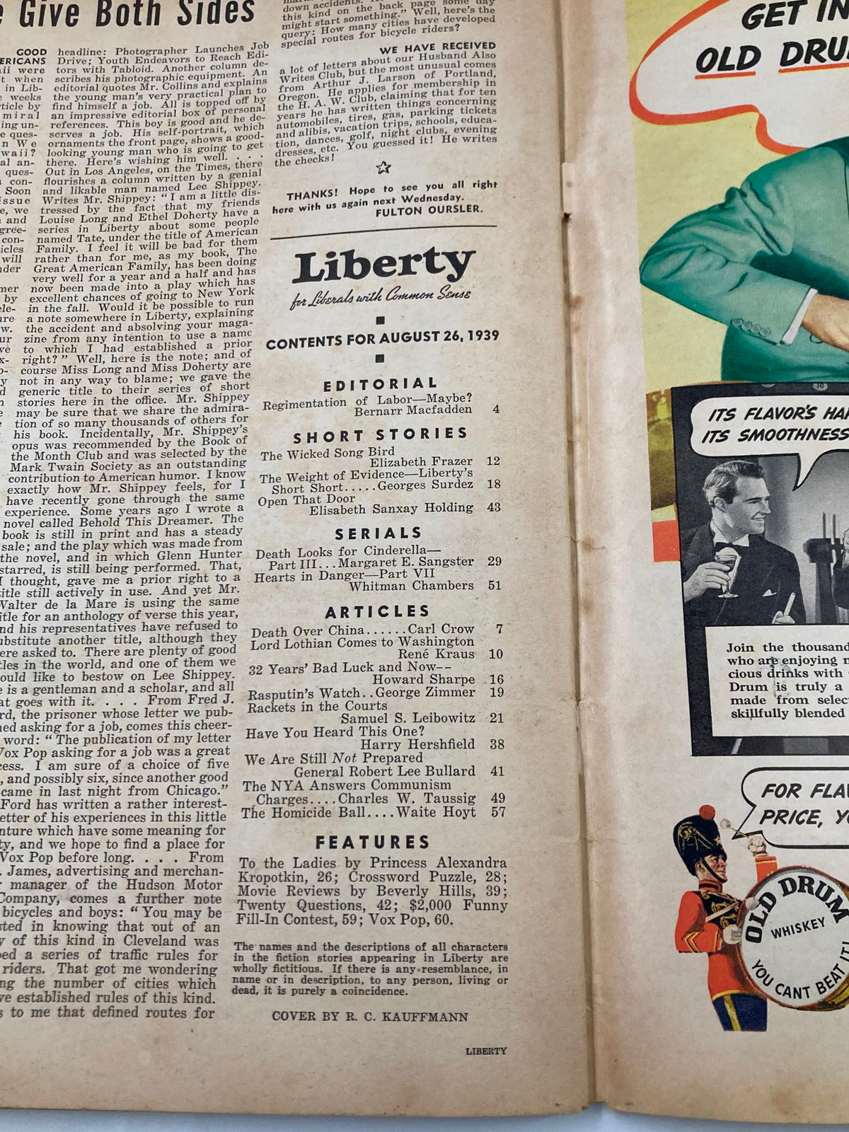 Vintage Liberty Magazine August 26 1939 Death Over China by Carl Crow No Label