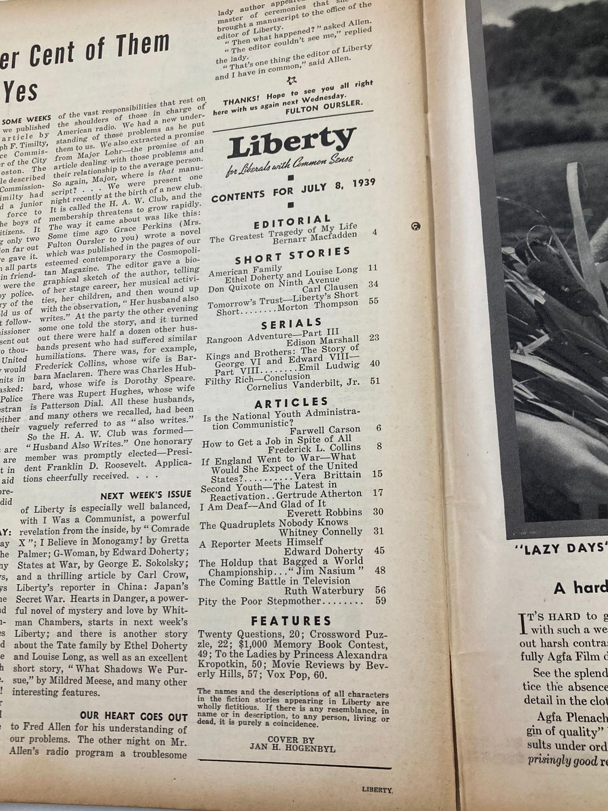 Contents page of VTG Liberty Magazine July 8 1939, outlining articles, features, and stories, including job seeking strategies reflective of the era.