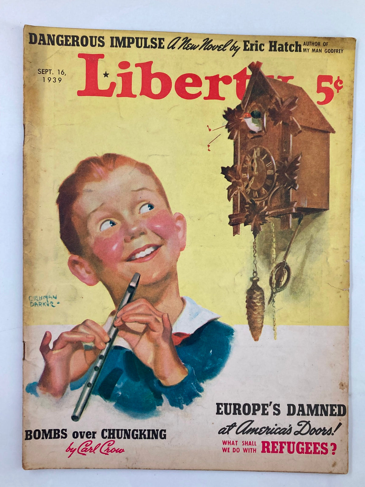 Cover of VTG Liberty Magazine September 16 1939 featuring the headline 'Bombs Over Chungking' and a colorful illustration of a boy playing a flute. This vintage magazine captures the essence of historical events from the late 1930s.