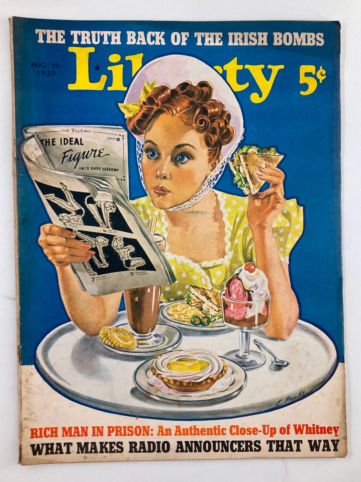 Vintage Liberty Magazine cover from August 19, 1939, featuring a woman reading a magazine while dining, showcasing the aesthetics and cultural elements of the late 1930s.