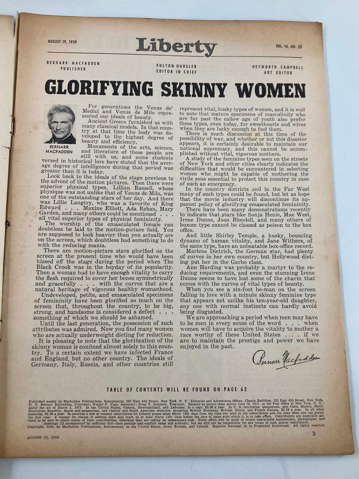 Interior page of the August 19, 1939, Liberty Magazine featuring an editorial by Bernard Macfadden discussing beauty standards, along with the title 'Glorifying Skinny Women.'