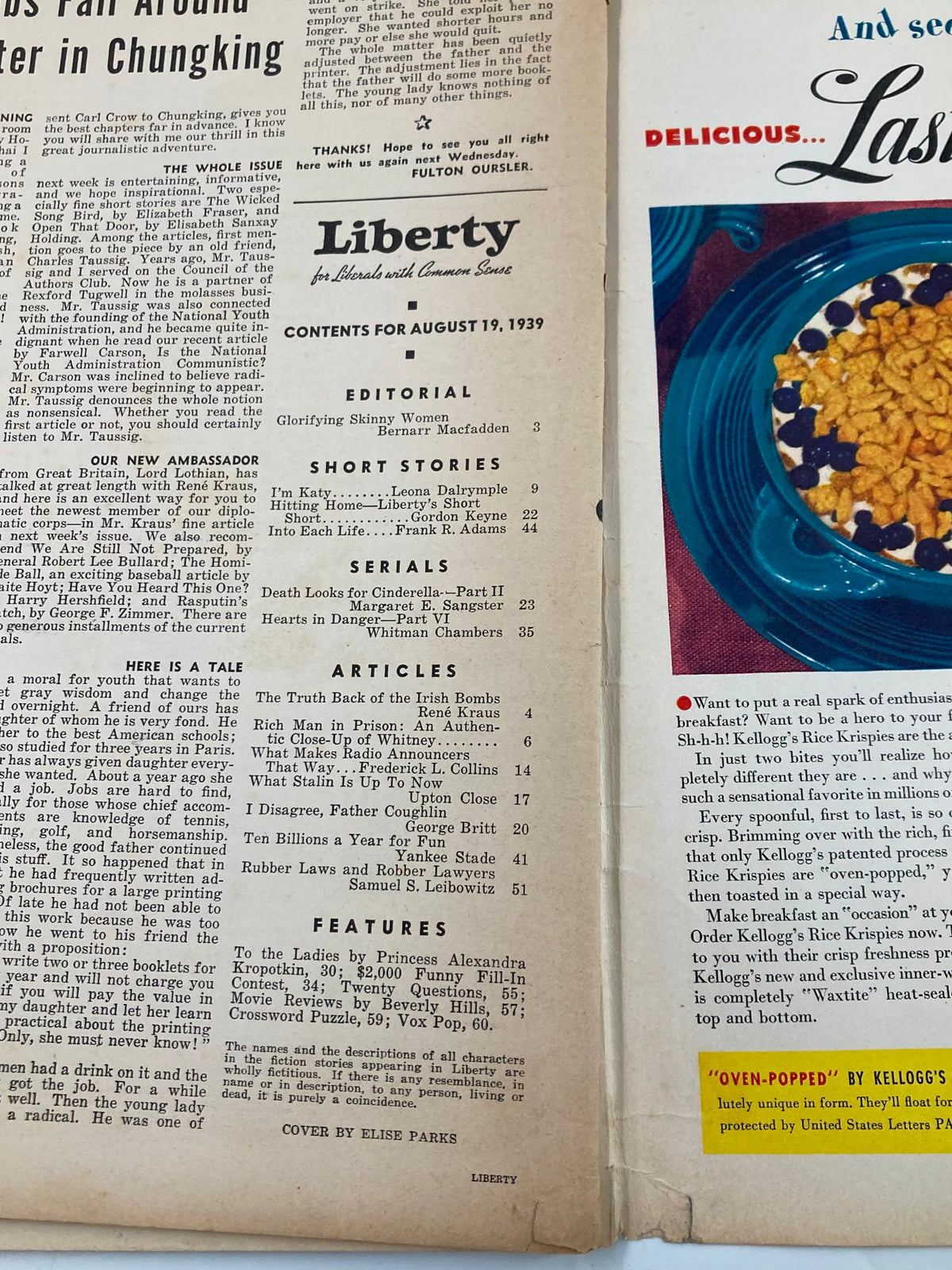 Second interior page of the August 19, 1939, Liberty Magazine showing the table of contents and a brief overview of featured articles, capturing the magazine's historical context.