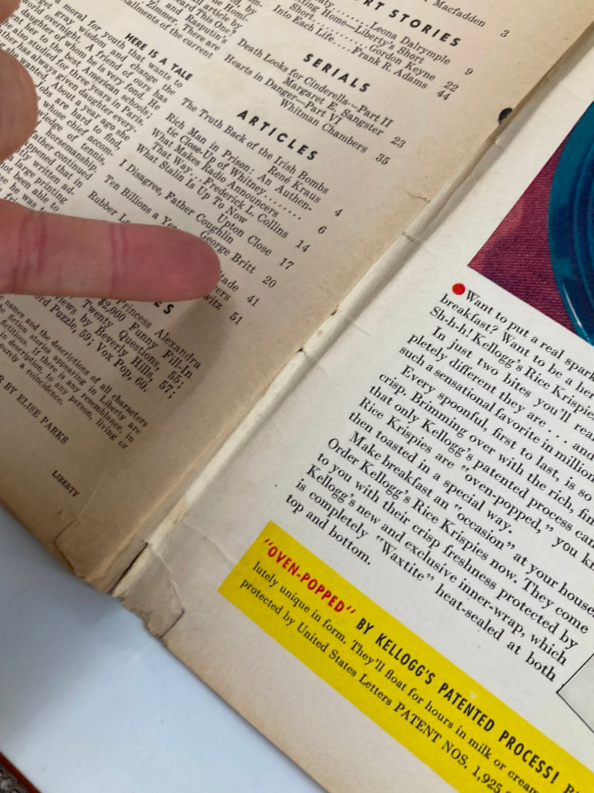 Inside page of VTG Liberty Magazine August 19 1939, featuring articles and advertisements with finger pointing to article titles.