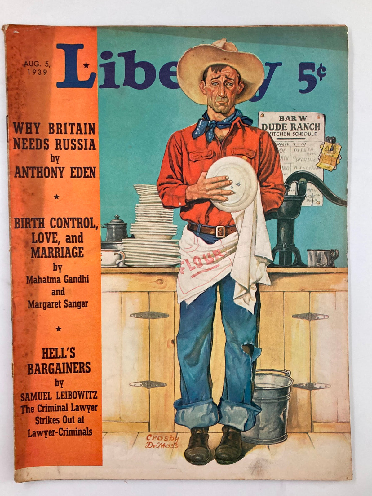VTG Liberty Magazine August 5, 1939 cover featuring the title 'Why Britain Needs Russia', showcasing a cowboy holding a plate in front of a kitchen backdrop.