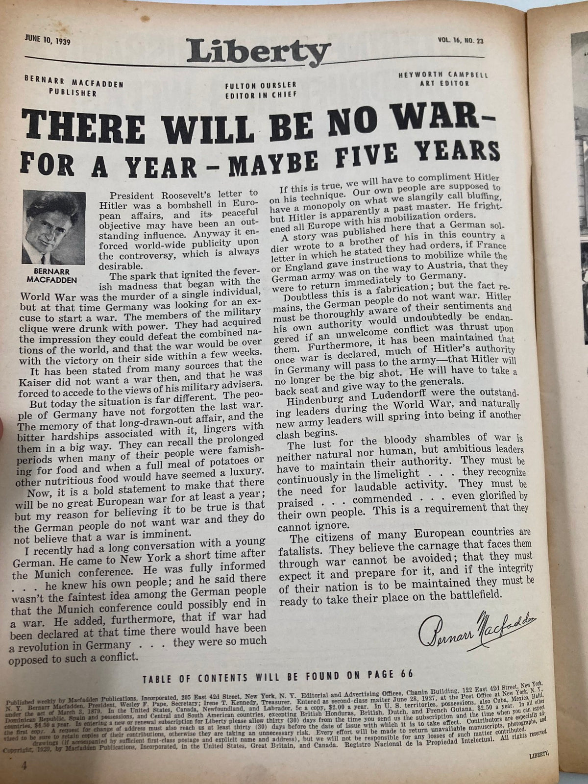 Inside page of VTG Liberty Magazine June 10, 1939 displaying an editorial titled 'There Will Be No War - For a Year - Maybe Five Years' by Bernard Macfadden, highlighting key historical context and themes.