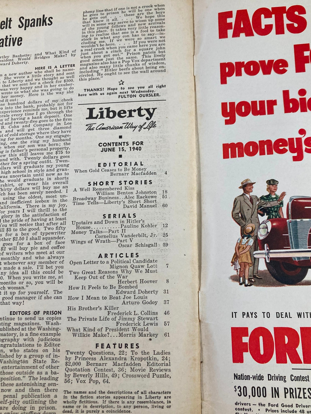 Inside page of VTG Liberty Magazine June 15 1940 displaying the table of contents with articles including 'Upstairs and Down in Hitler's House' and various short stories and features.