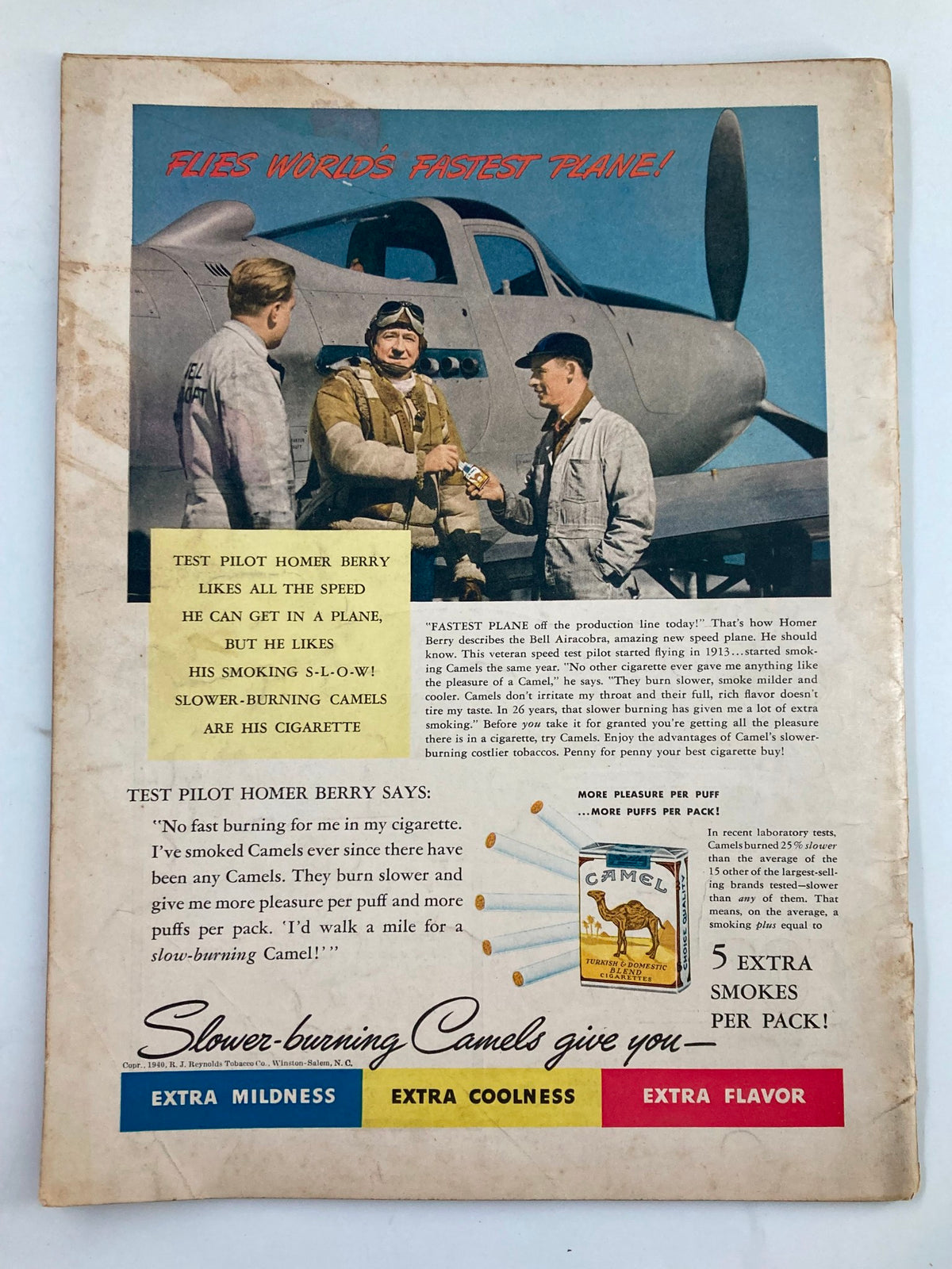 Back cover of VTG Liberty Magazine June 15 1940 advertising Camel cigarettes with a colorful image of pilots and text promoting the benefits of smoking Camel cigarettes.