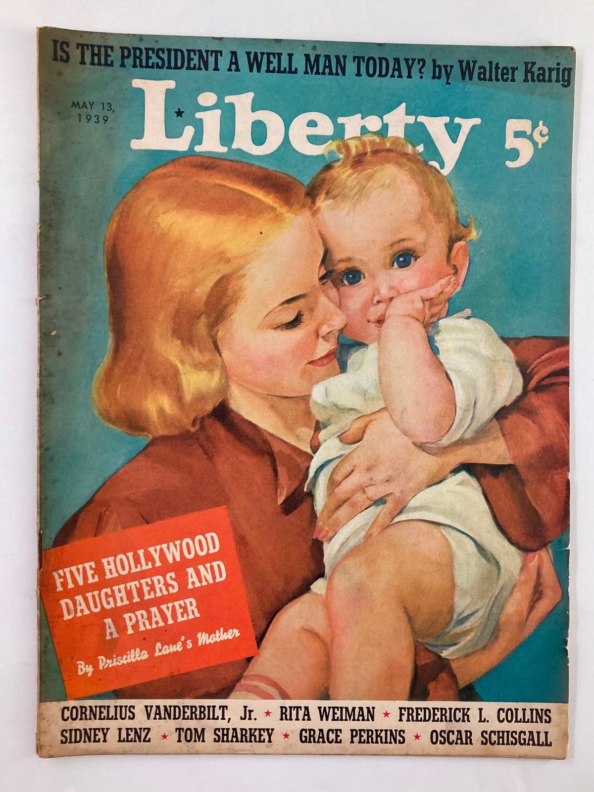 VTG Liberty Magazine May 13 1939 cover showcasing a mother and child, featuring the article 'Five Hollywood Daughters and a Prayer' and vibrant vintage artwork.