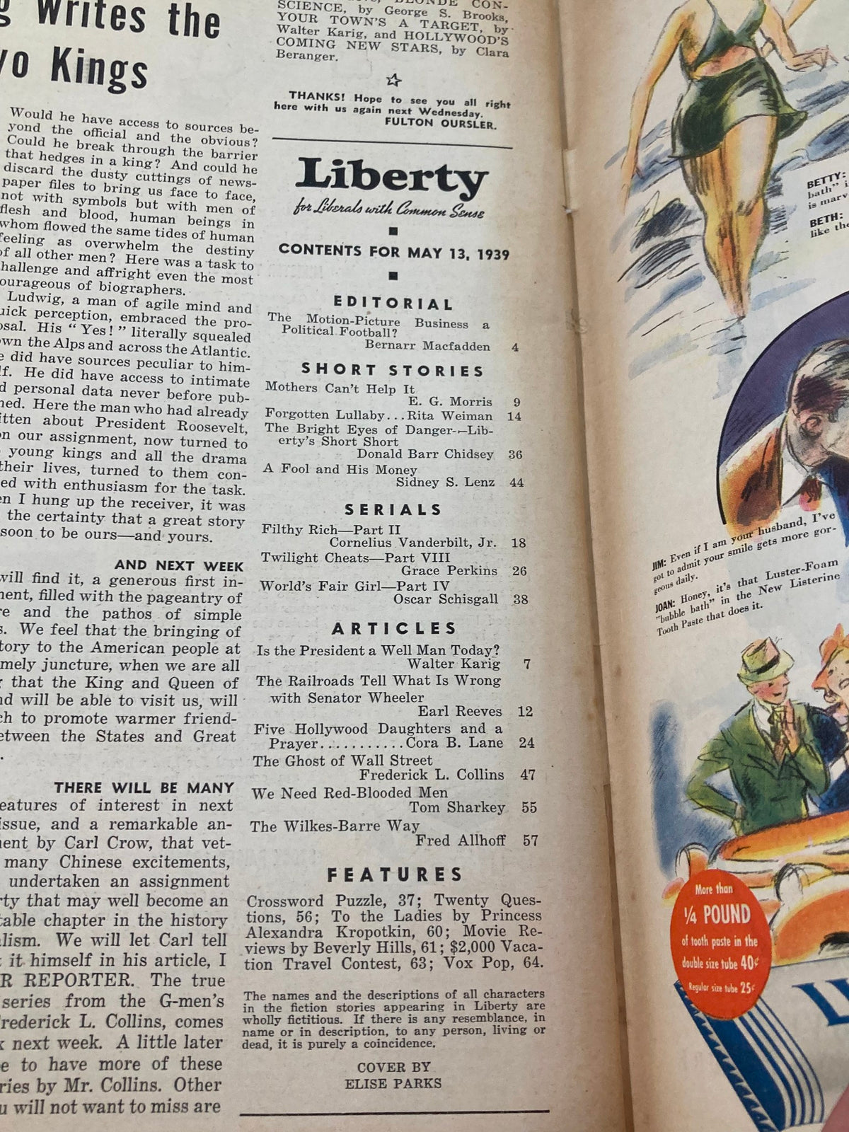 VTG Liberty Magazine May 13 1939 contents page featuring articles and stories, including Five Hollywood Daughters and a Prayer, highlighting the vintage aesthetic and historical significance of the magazine.