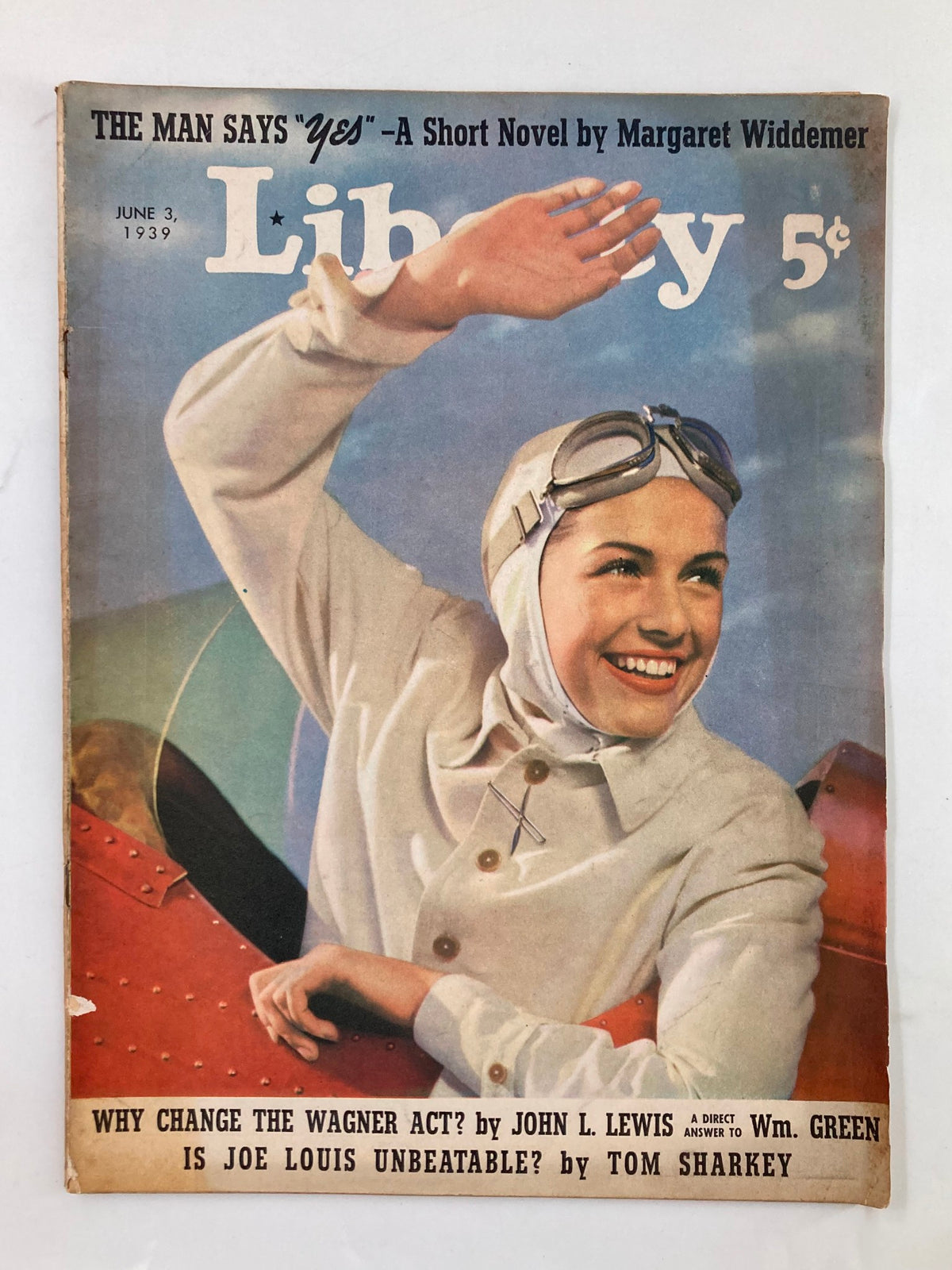 VTG Liberty Magazine June 3 1939 cover showing a smiling woman in vintage flight attire, promoting the article 'Why Change The Wagner Act.'