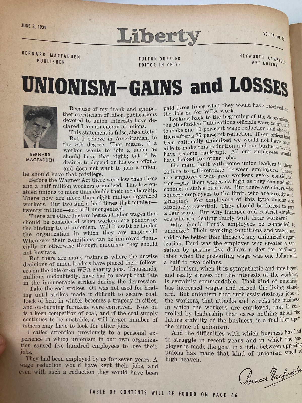 Editorial page from VTG Liberty Magazine June 3 1939 discussing 'Unionism - Gains and Losses' by Bernarr Macfadden.