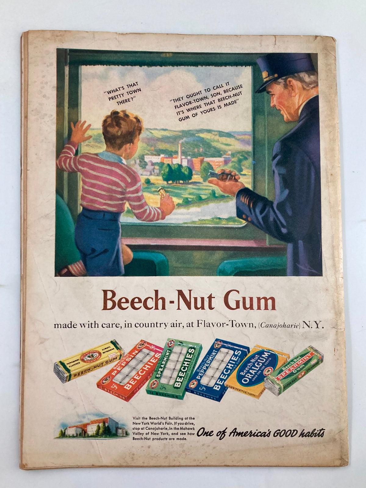 Advertisement page from VTG Liberty Magazine June 3 1939 for Beech-Nut Gum featuring a child and an adult by a window.