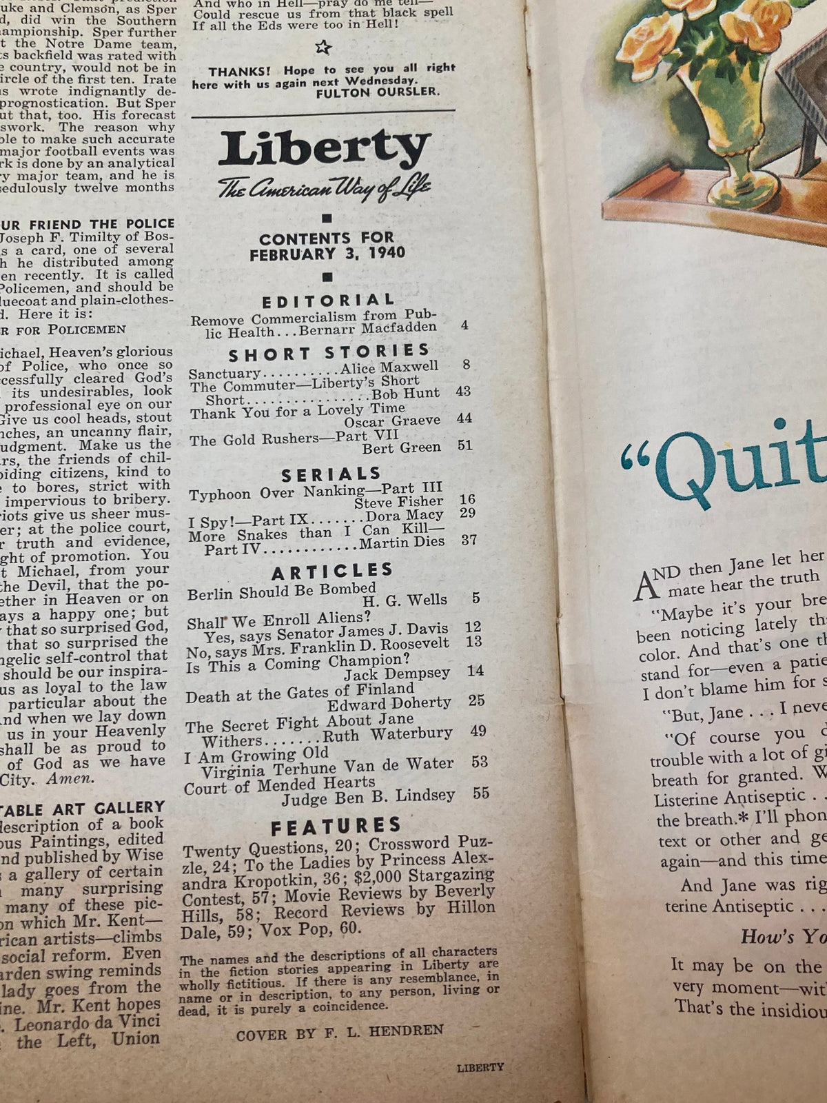 Contents page of VTG Liberty Magazine February 3, 1940 listing articles, stories, and contributors including H.G. Wells and Bernarr Macfadden.