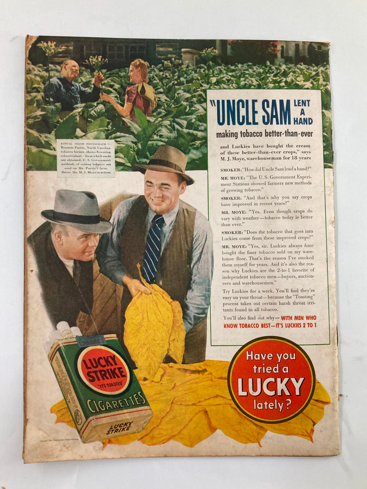Back cover of VTG Liberty Magazine February 3, 1940 showcasing an advertisement for Lucky Strike cigarettes, highlighting agricultural promotion.