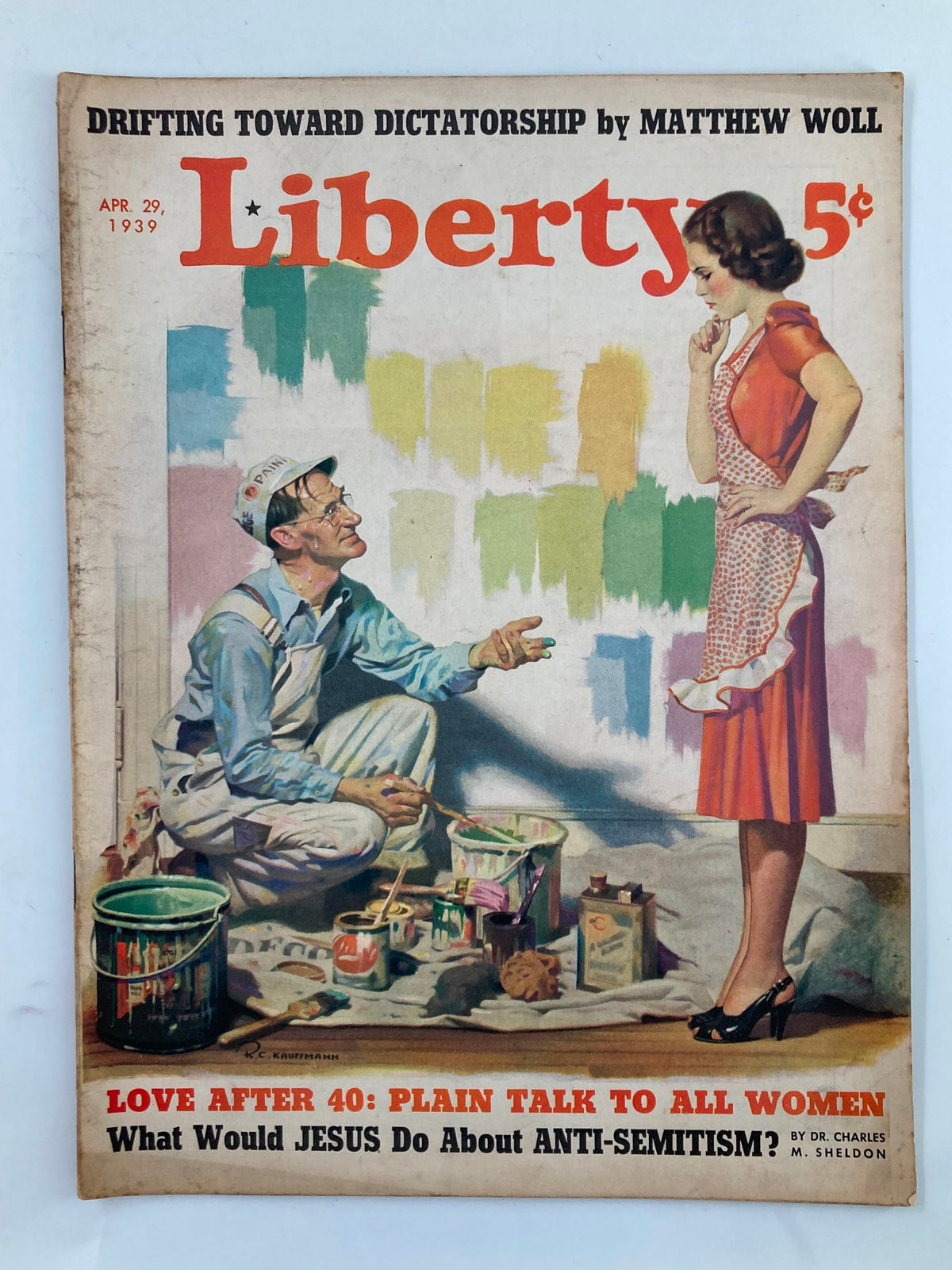 VTG Liberty Magazine April 29 1939 front cover featuring a painter and a woman, highlighting the theme 'Love After 40: Plain Talk to Women'.
