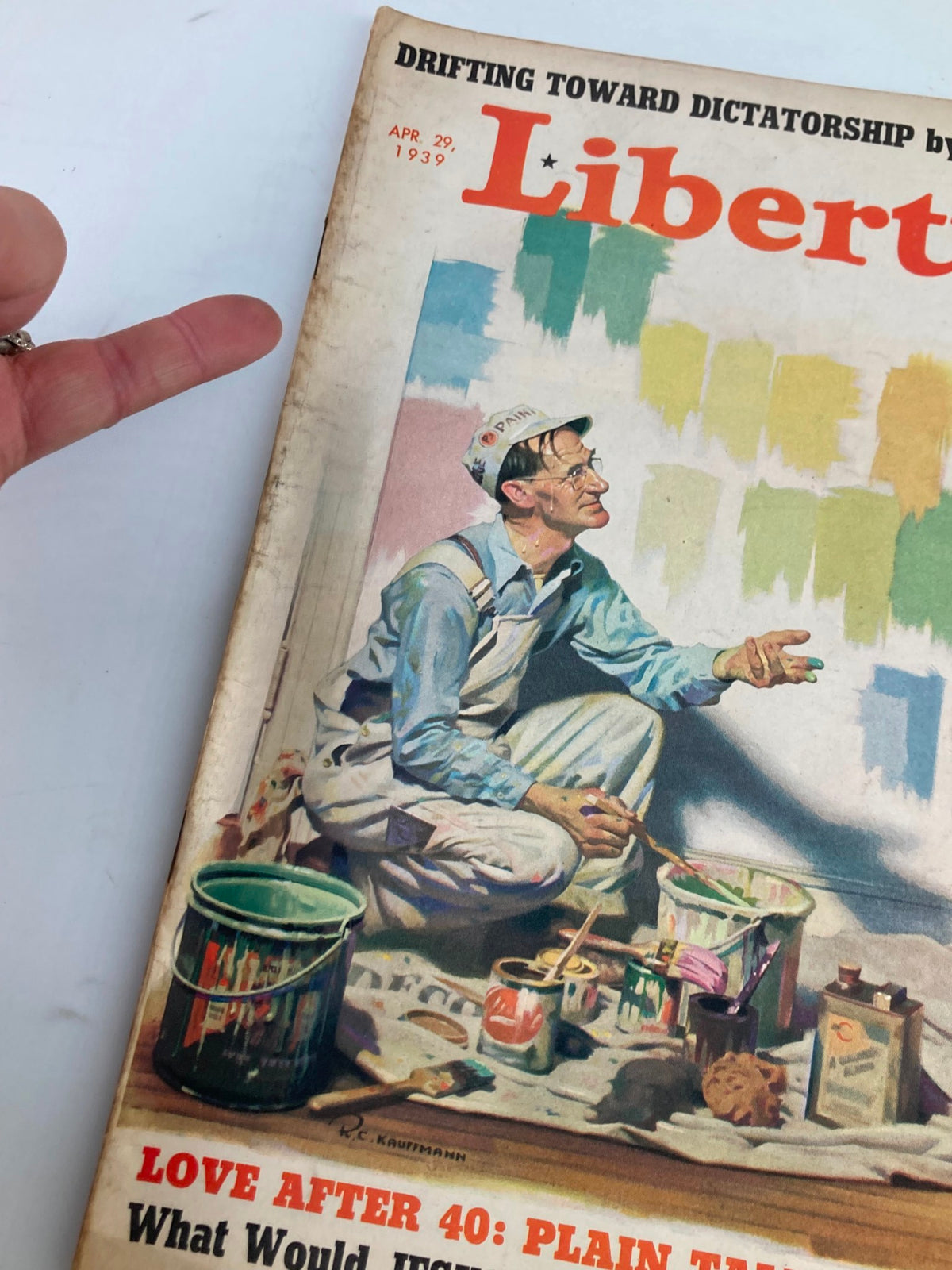 Close-up of the VTG Liberty Magazine April 29 1939 front cover showing a painter in action, emphasizing the magazine's focus on 'Love After 40: Plain Talk to Women'.