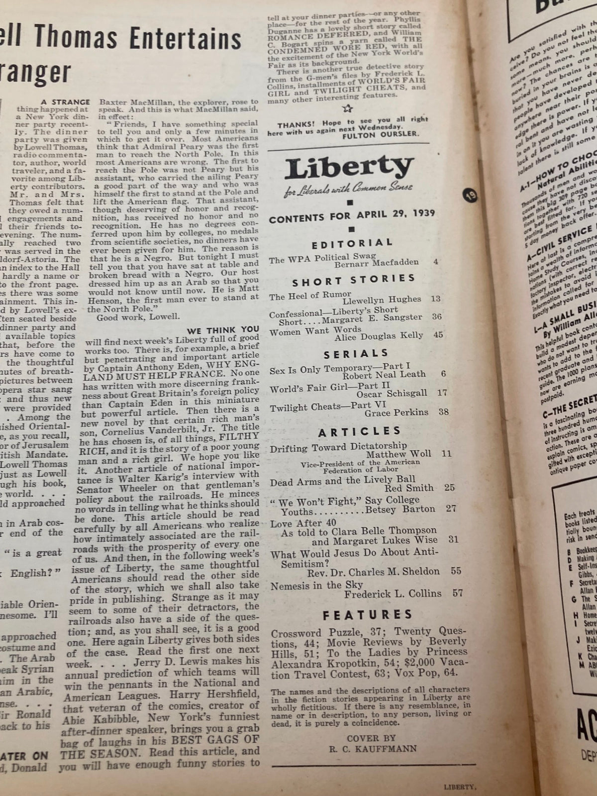 Table of contents page from VTG Liberty Magazine April 29 1939 highlighting featured articles and stories in the issue.