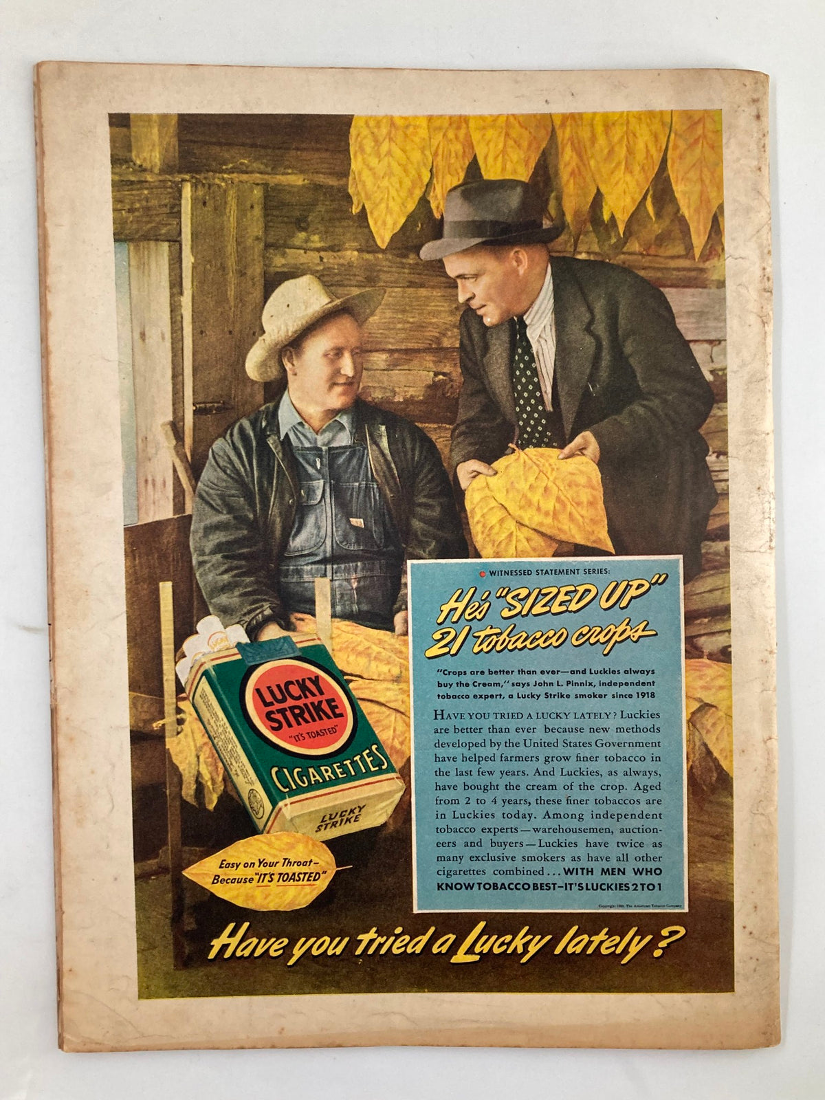 Cover advertisement for Lucky Strike cigarettes in VTG Liberty Magazine April 29 1939, showcasing tobacco crops and an engaging promotional message.