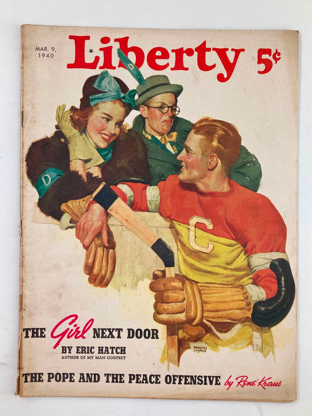 Cover of Liberty Magazine dated March 9, 1940 featuring the title 'The Girl Next Door' by Eric Hatch, showcasing vibrant illustrations of two characters and an exciting sports theme.