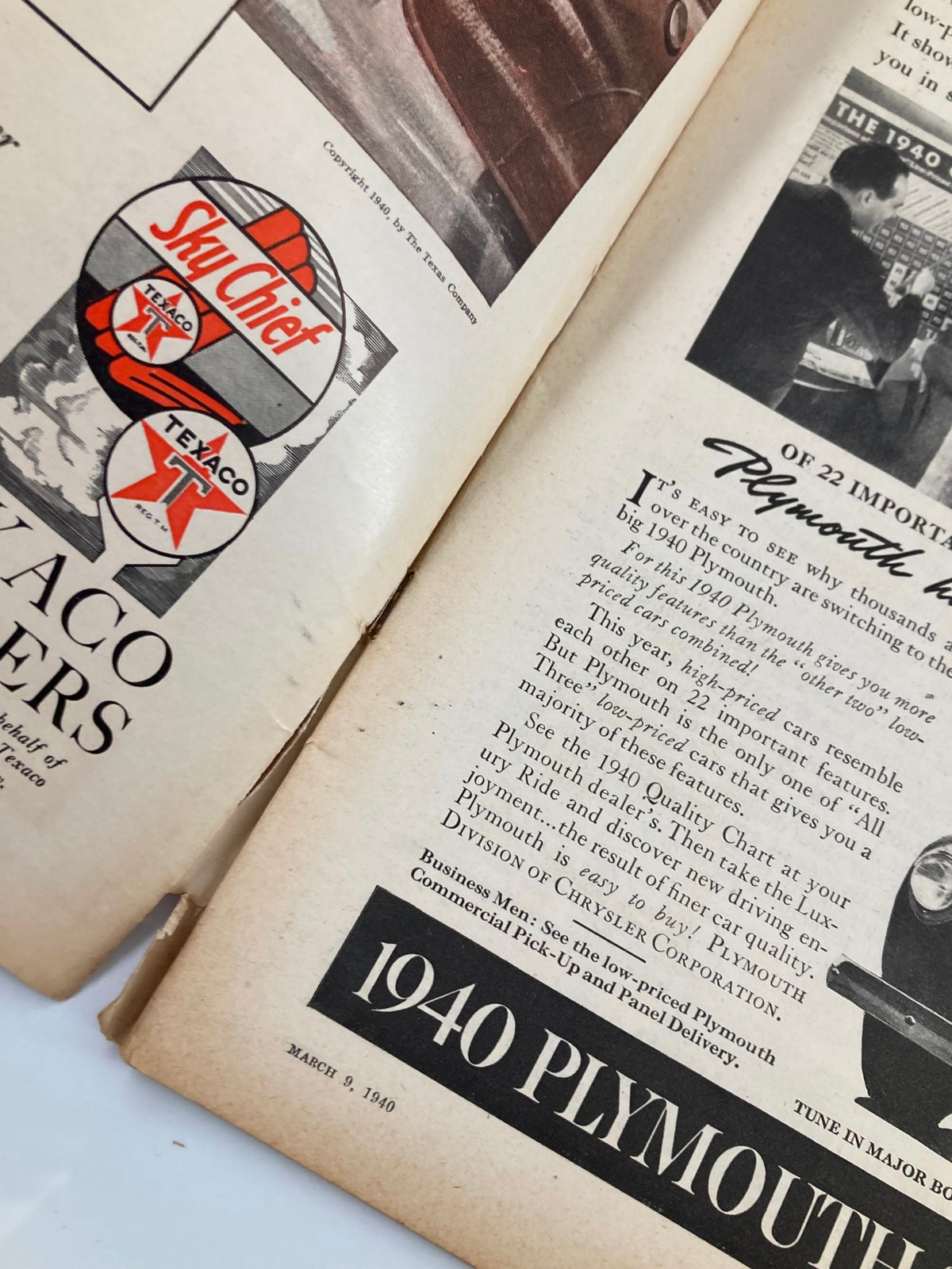 Interior page of Liberty Magazine dated March 9, 1940, displaying advertisements and content related to the 1940 Plymouth, reflecting the vintage style of that era.