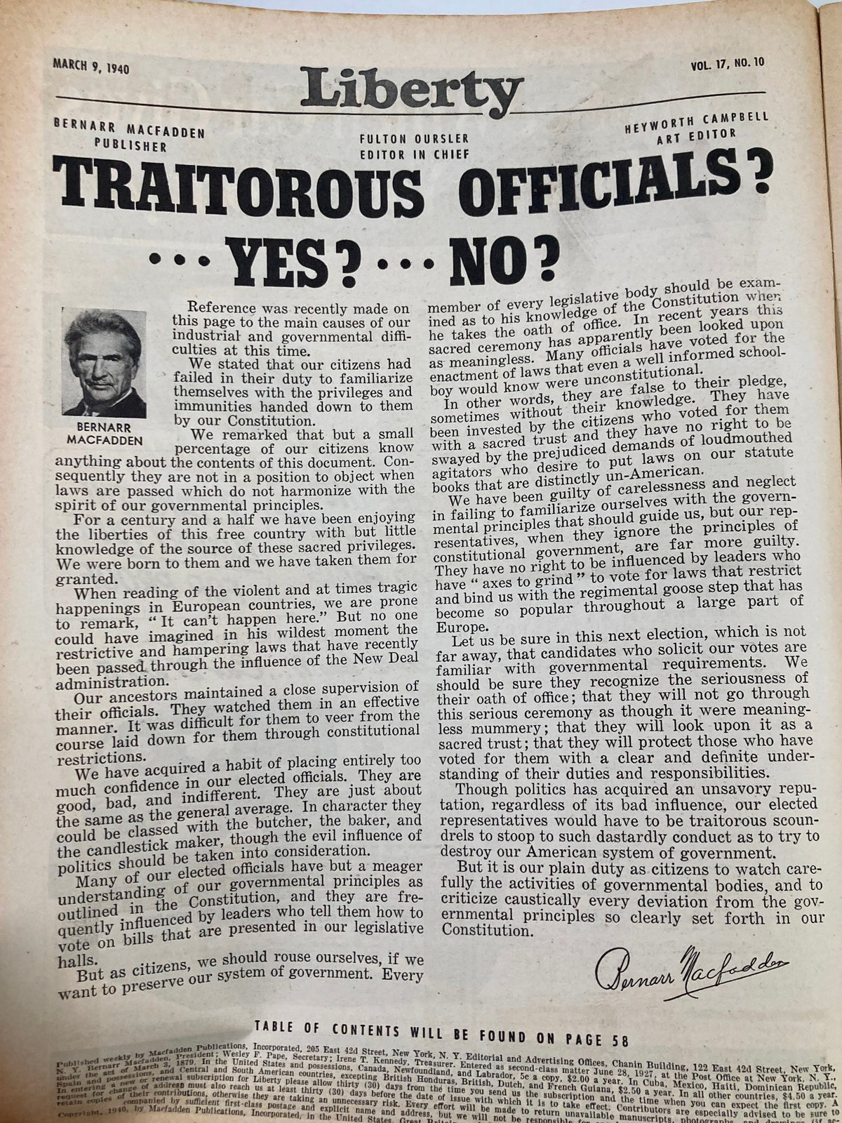 Editorial page featuring the article 'Traitorous Officials? Yes? No?' from VTG Liberty Magazine March 9 1940, discussing governmental duties and public trust.