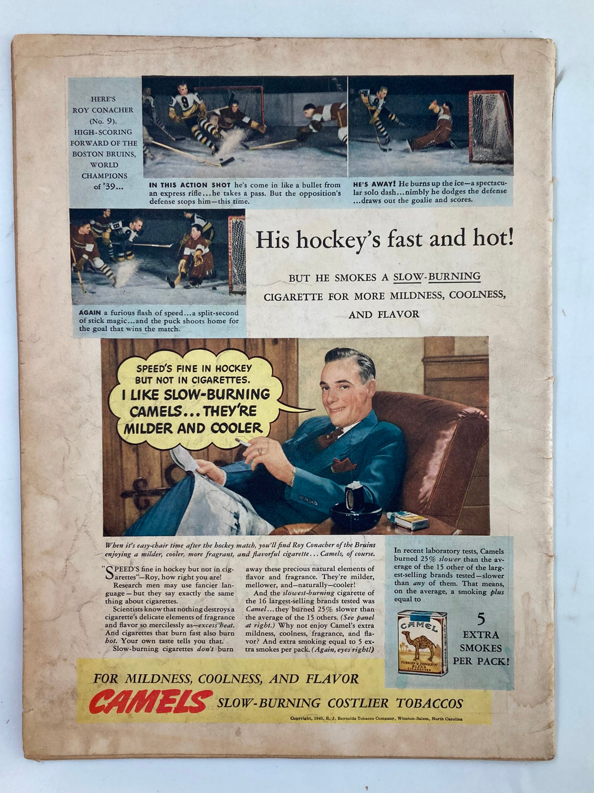 Vintage advertisement in the Liberty Magazine dated January 13, 1940, featuring Roy Conacher, a hockey player, promoting Camel cigarettes for mildness, coolness, and flavor, amidst hockey action scenes.