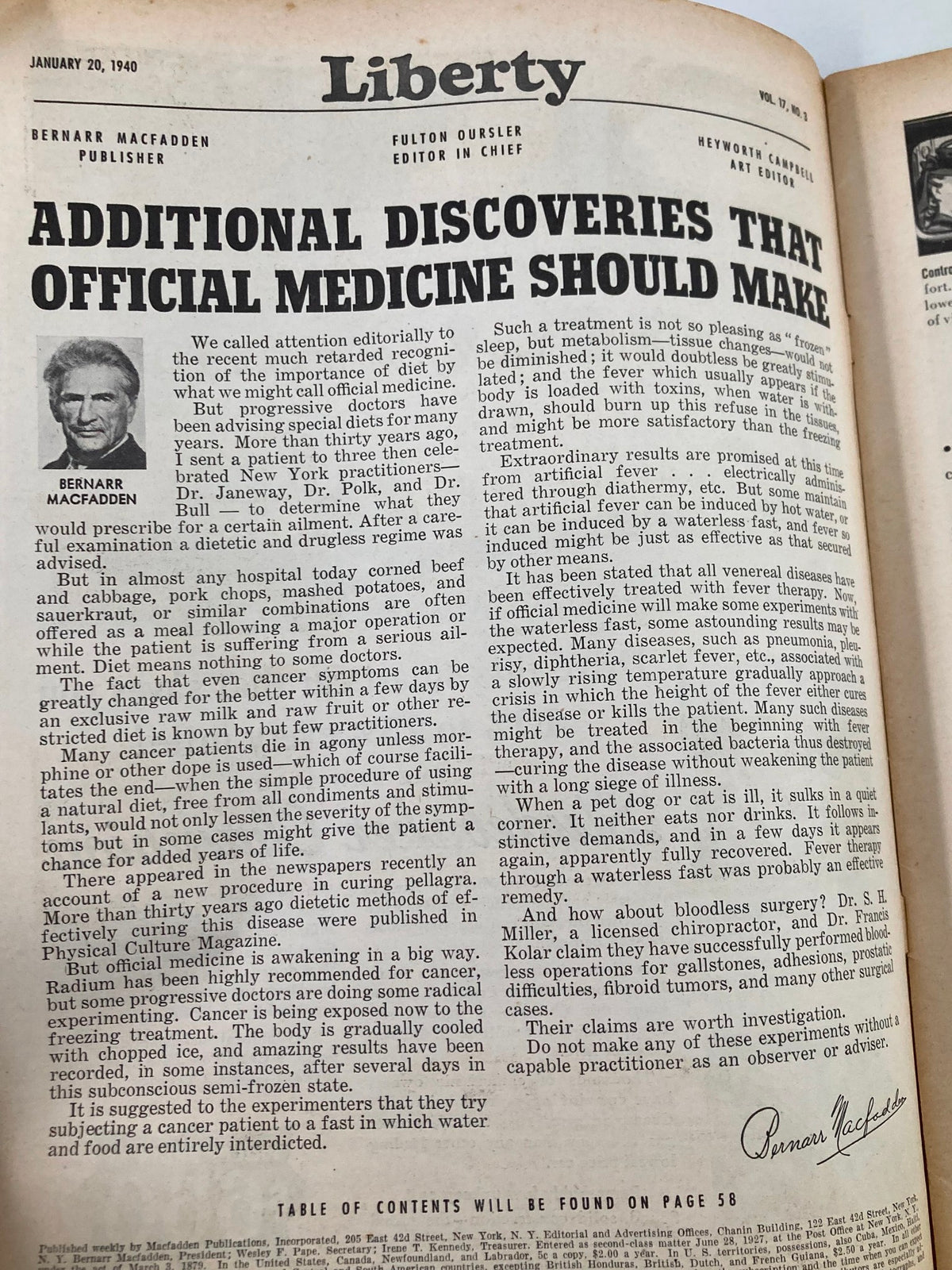 Interior page of VTG Liberty Magazine January 20 1940 featuring a continuation of 'Additional Discoveries That Official Medicine Should Make' by Bernarr Macfadden. The page discusses alternative medical treatments and includes historical context.