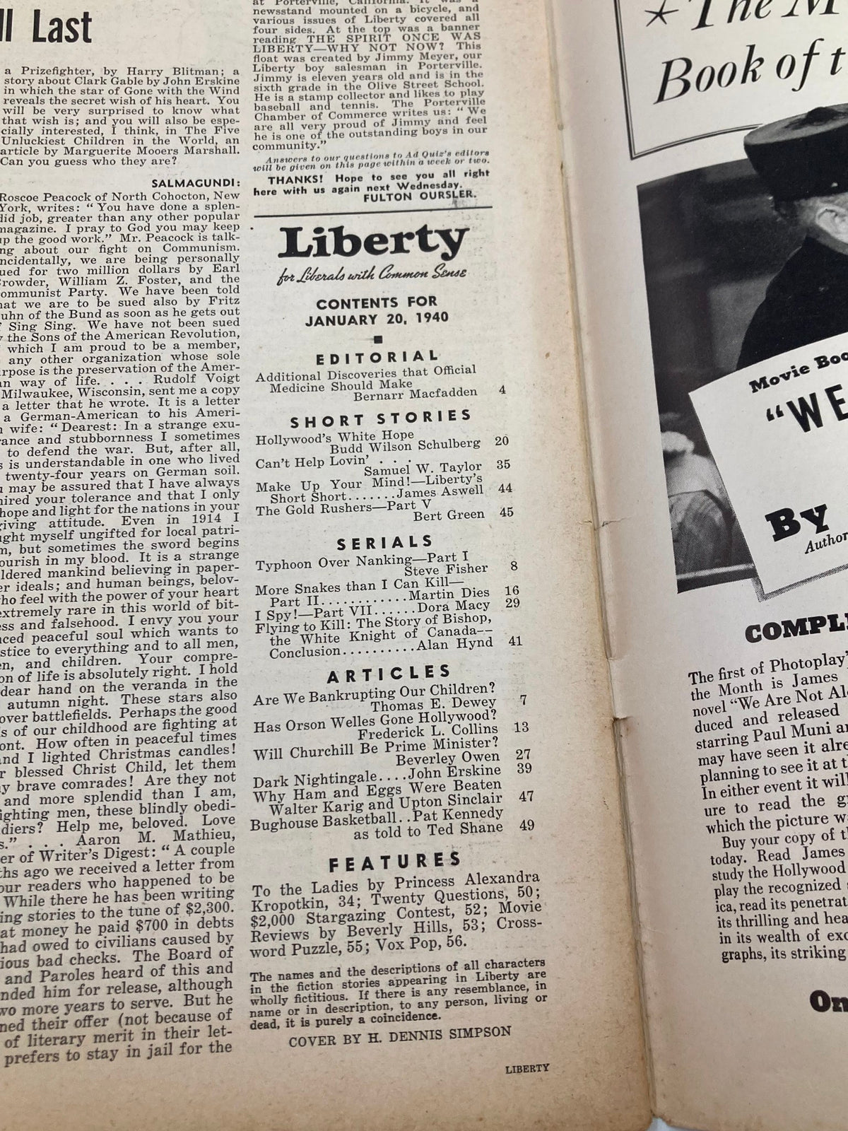Contents page of VTG Liberty Magazine January 20 1940. This page highlights the editorial section, short stories, articles, and features included in the issue, showcasing the magazine's diverse literary offerings.