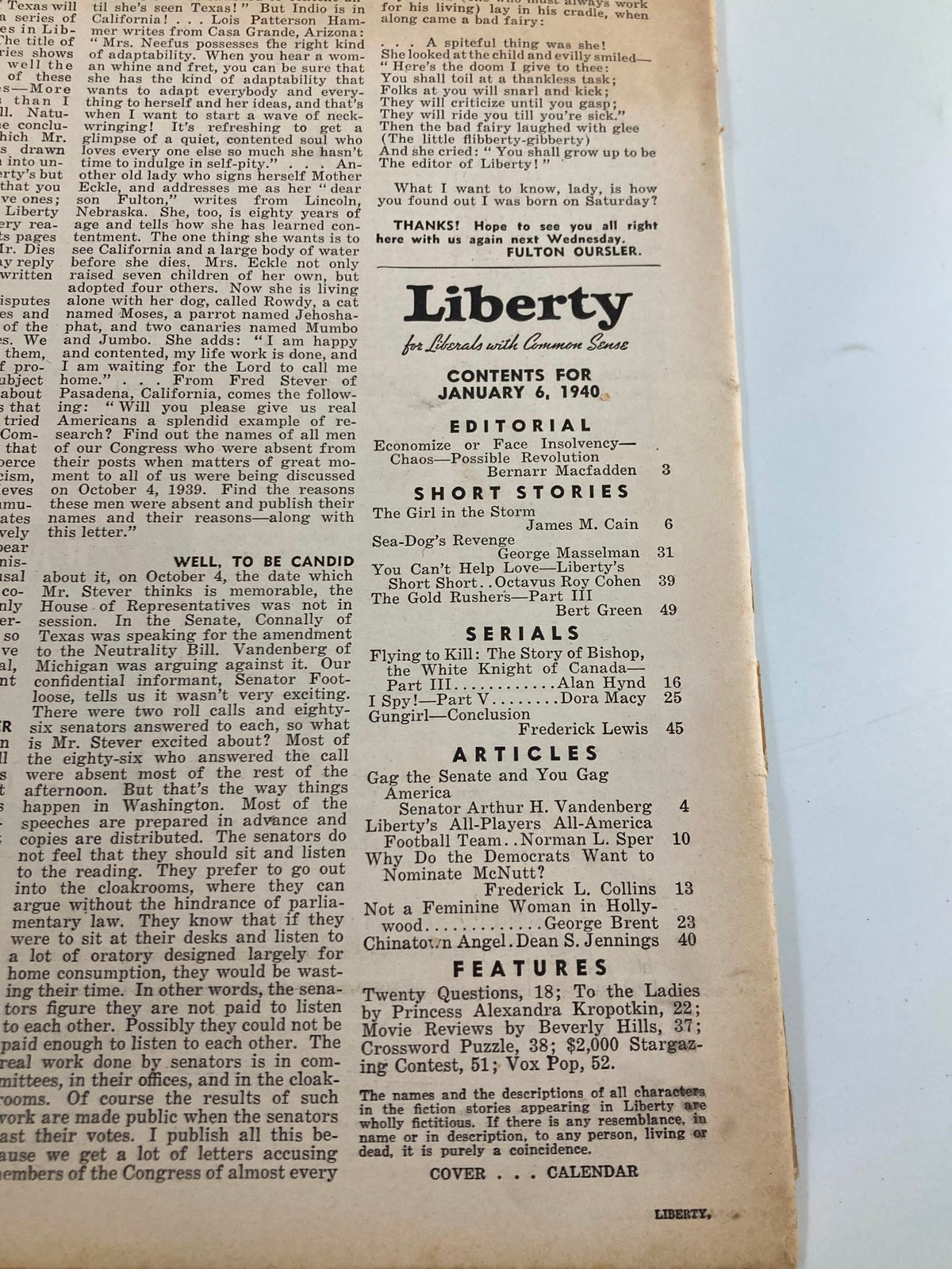 Vintage Liberty Magazine January 6 1940 Economize of Face Insolvency No Label