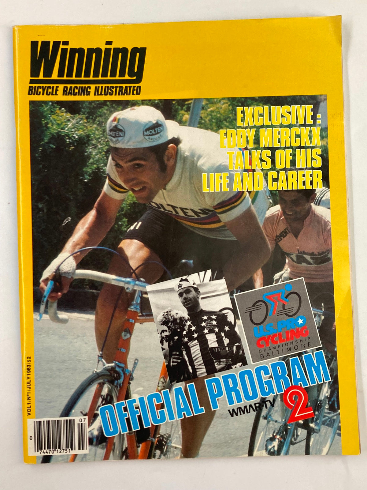 VTG Winning Bicycle Racing Illustrated July 1983 featuring Eddy Merckx on the cover, highlighting his life and career in cycling. The magazine showcases a vibrant design with a prominent yellow background, making it a collectible item for cycling enthusiasts.