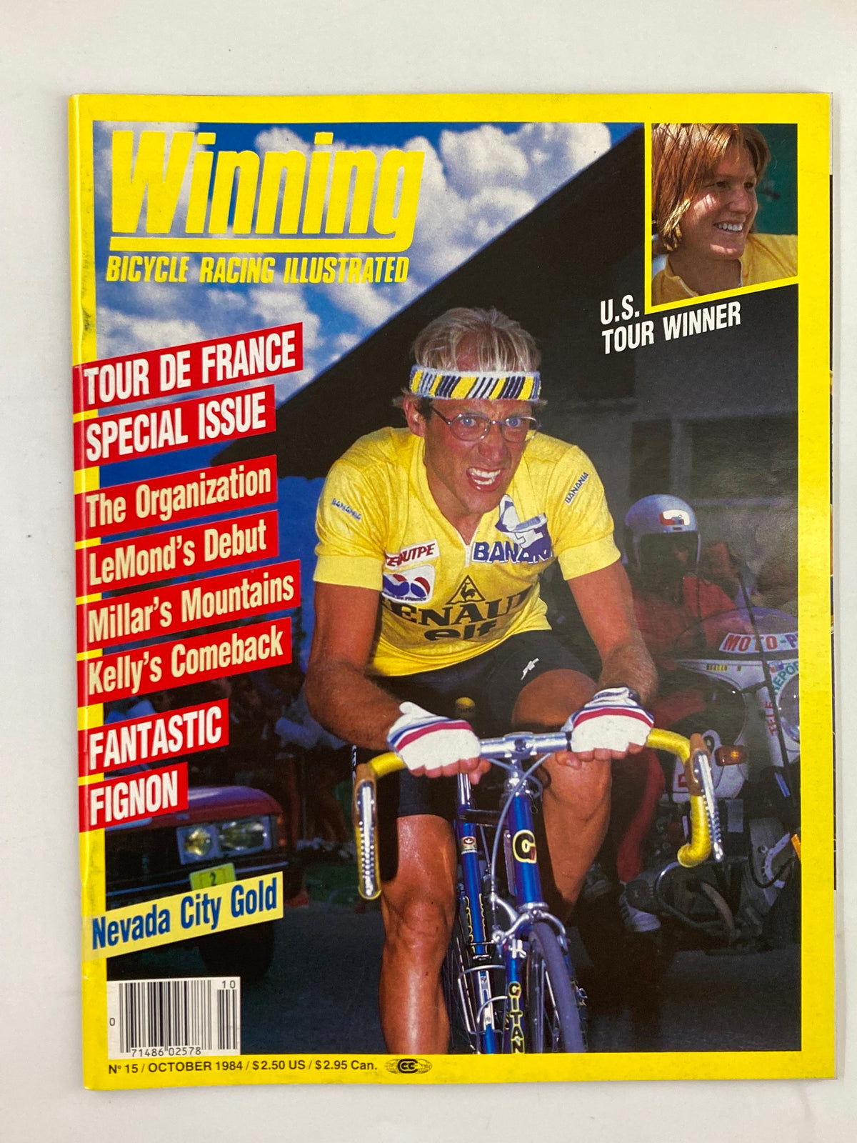 Cover of VTG Winning Bicycle Racing Illustrated October 1984 magazine featuring cyclist in a yellow jersey and cycling gear, celebrating a victory.